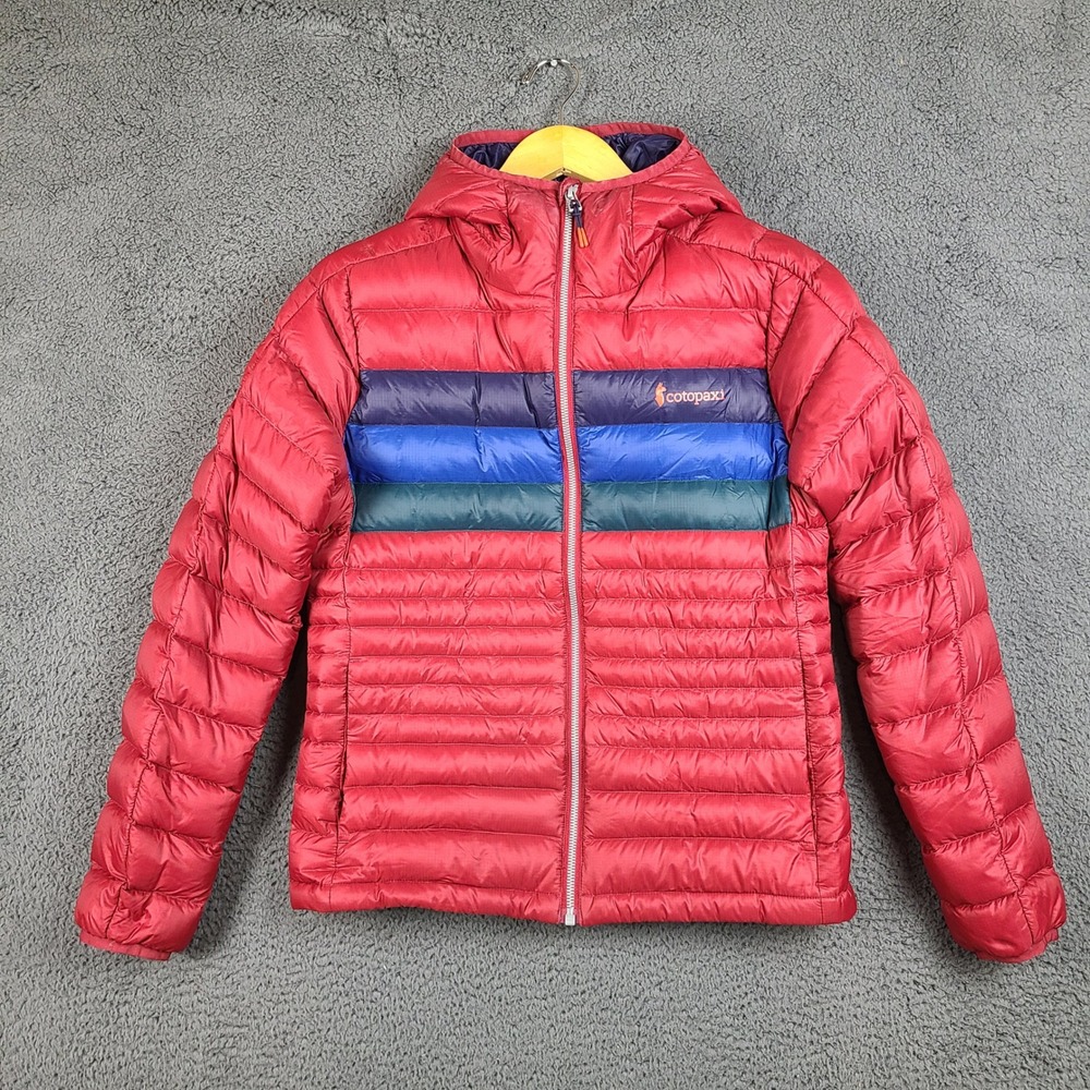 Cotopaxi Fuego Hooded Down Jacket Womens XS Red Puffer 800-Fill Striped